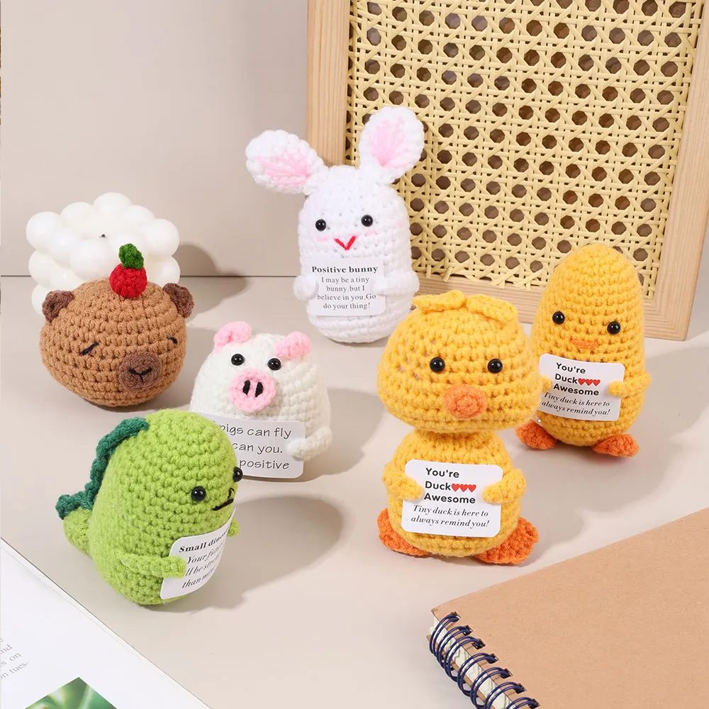 Positive Energy Duck Handmade Plush Wool Knitting Doll With Card Fun Stress Relieving Funny Christams Gifts Home Room Decor