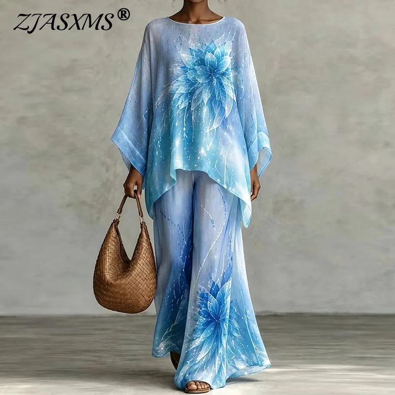 Boho Flower Printed Two Piece Suit Women Round Neck Irregular Tops & Wide Long Pant Sets Fall Elegant Casual Beach Loose Outfits
