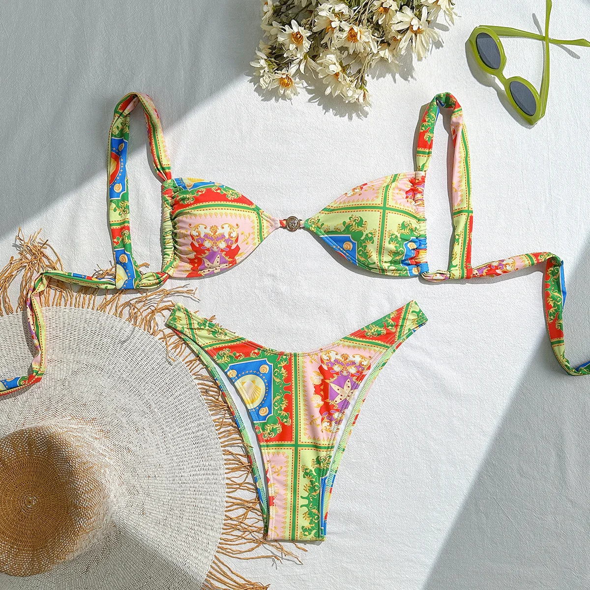 Vintage Print Bikini Set Women Sexy Metal Ring Push Up Micro Swimsuit Brazilian Bathing Suit Holiday Thong Swimwear Biquine