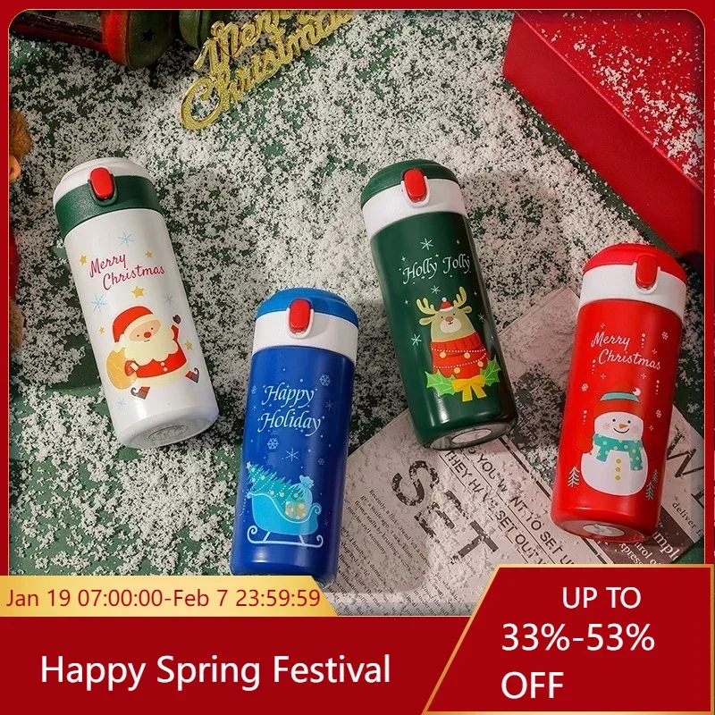 

350ml Christmas Stainless Steel Insulation Cup Santa Claus Elk Red Holiday Bouncing Cup Student Cartoon Water Bottle Xmas Gift