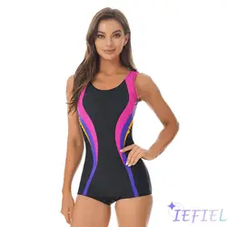 Women Patchwork One-piece Swimming Athletic Surfing Jumpsuit Beach Bathing Sport Gymnastic Workout Bodysuit (Removable Bust Pad)