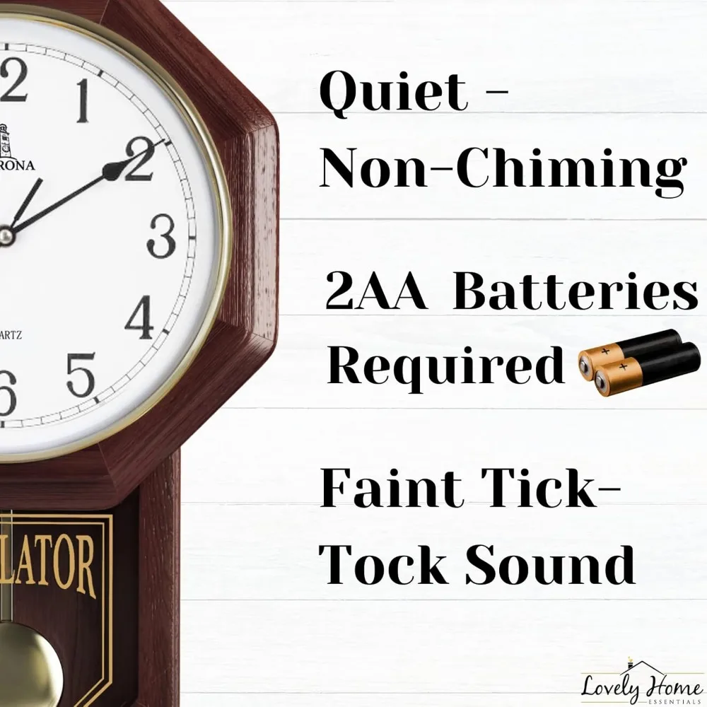 ساعة حائط البندول الخشبية - ساعة صامتة على طراز المدرسة تعمل بالبطارية - ديكور وغير مدخن