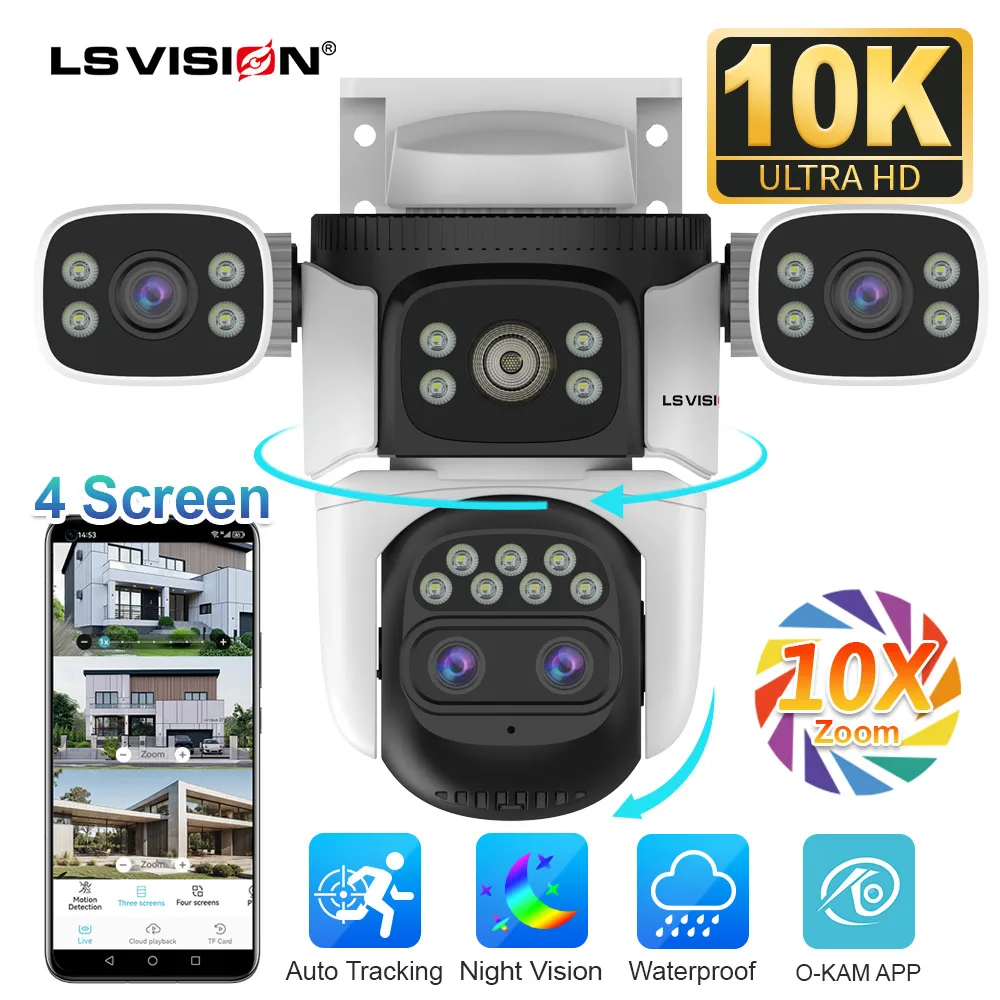 LS VISION 20MP Four Screens WiFi Security Camera Outdoor 10X Optical Zoom Four Lens Human Auto Tracking Waterproof CCTV Cameras