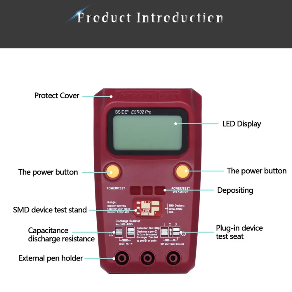 BSIDE ESR02 Pro Digital Transistor Tester for SMD Components Featuring Large LCD Backlight Display and Automatic Element Testing
