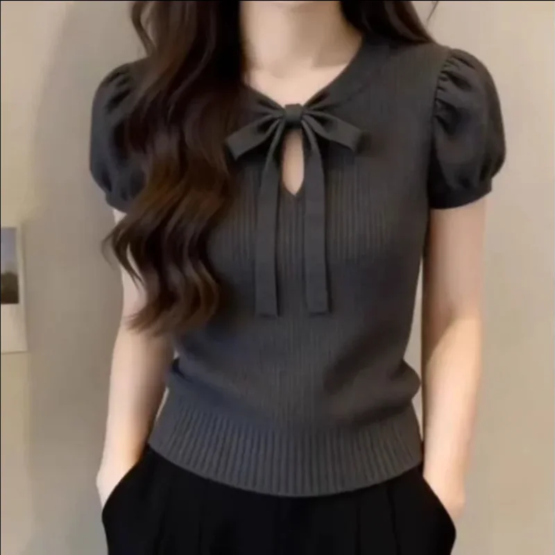 Summer 2026 Fragrance Wind Butterfly Knot Short Sleeve T-Shirt Elegant Beautiful Top Versatile Solid Color Overhead Personality
