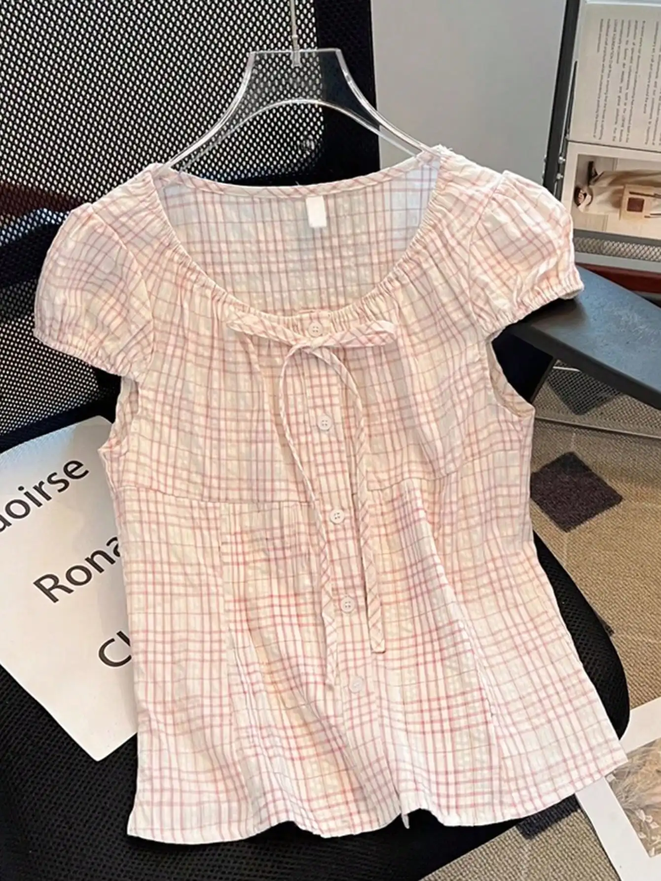 

Women's Pink White Plaid Tie-Front Button Blouse with Ruffle Sleeve