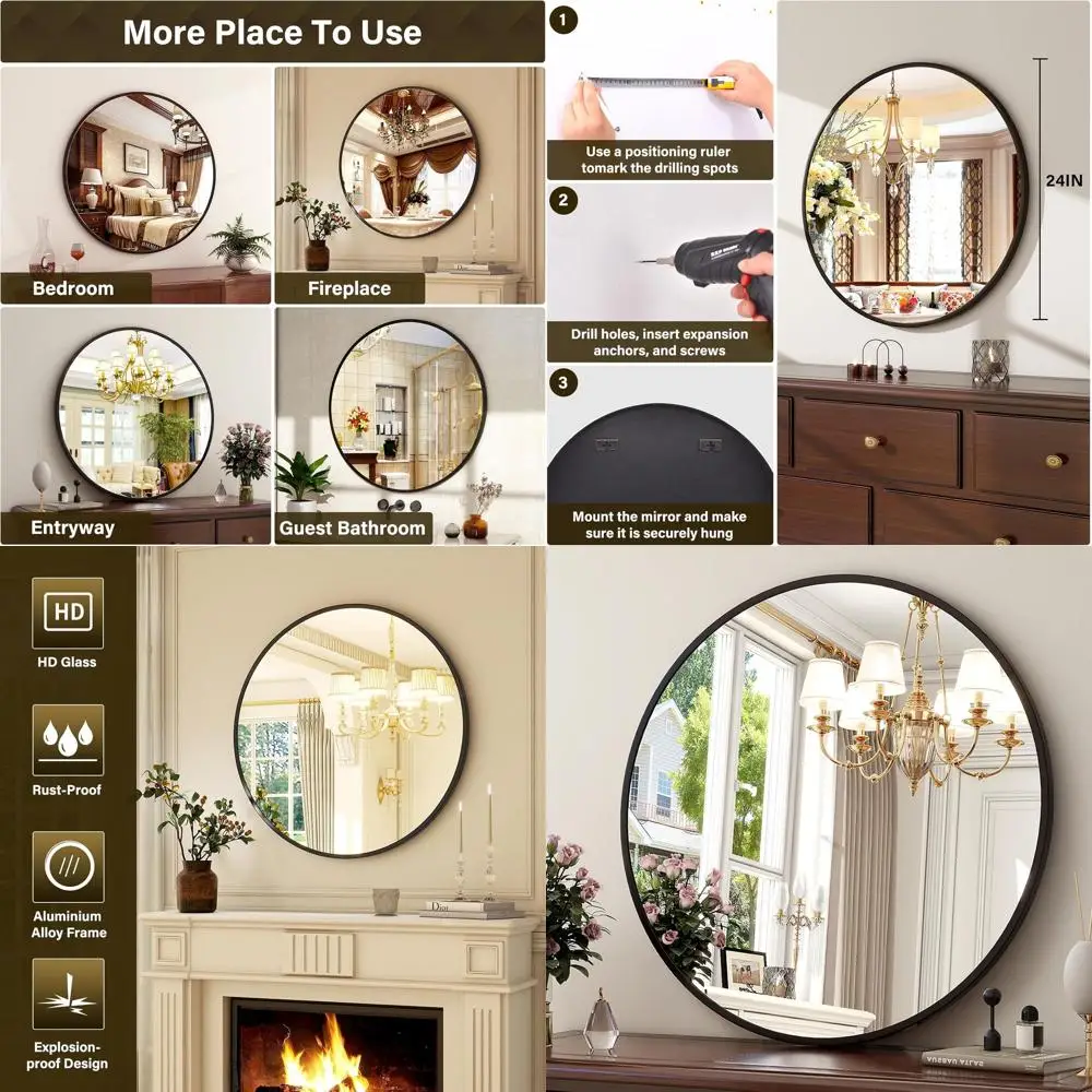 Moderne runde Wandspiegel für die Inneneinrichtung – 24-Zoll-Kosmetikspiegel in Mattschwarz für Badezimmer, Eingangsbereich und Wohnzimmer