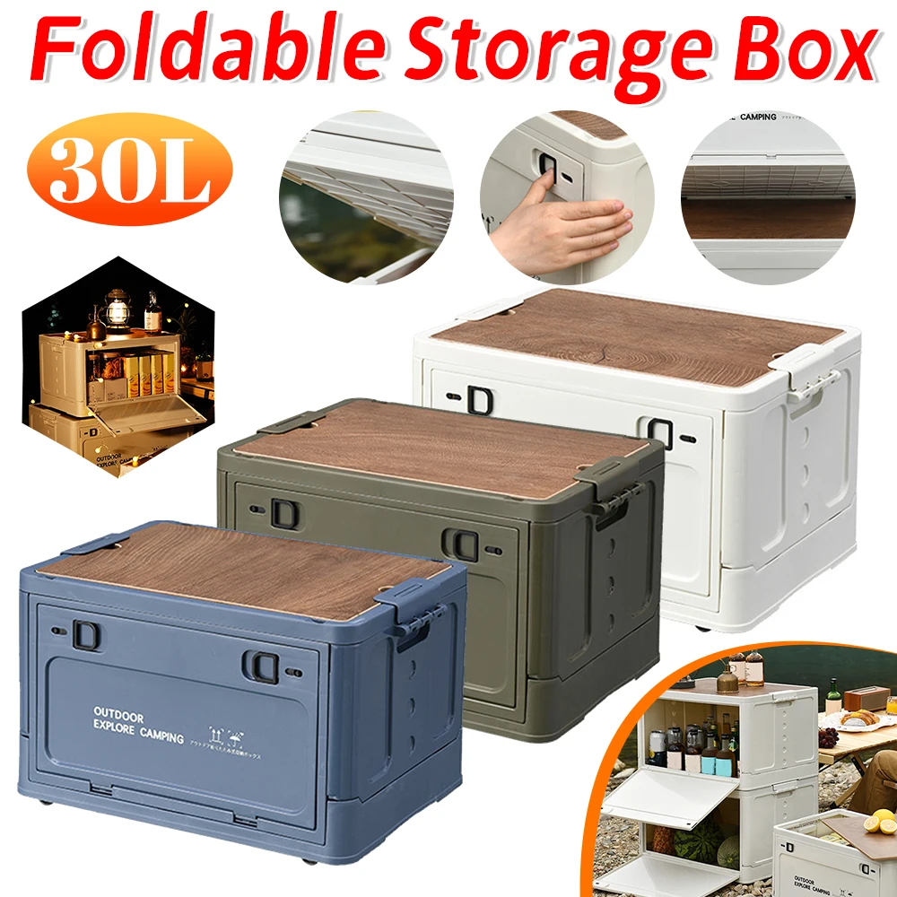 

20/30LOutdoor Collapsible Storage Bin With Wooden Lid Stackable Camping Storage Container Side Open Car Storage Box Outdoor Tool
