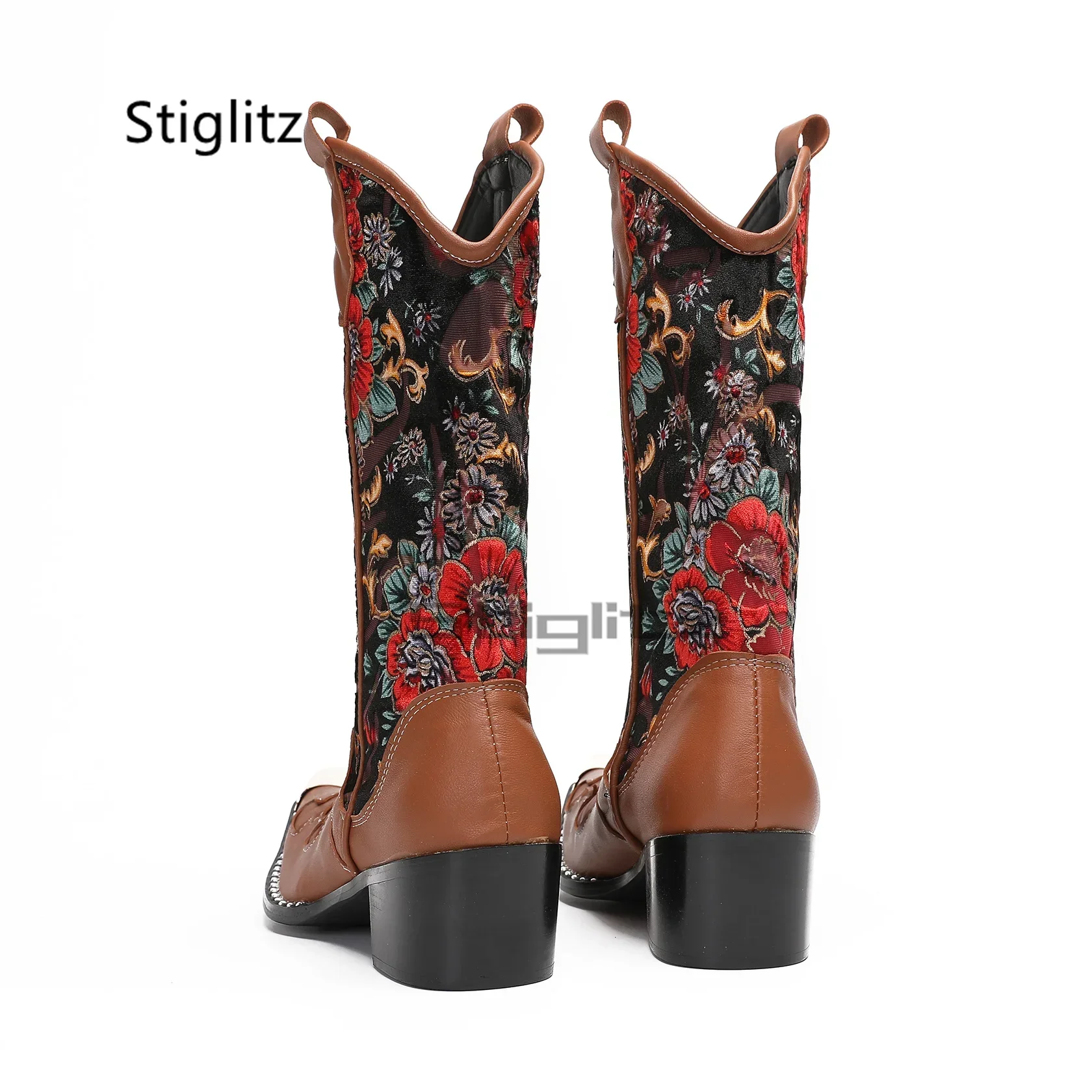 Embroidered Western Cowboy Boots for Men Genuine Leather Patchwork High Heels Slip On Mid Calf Boots Metal Toe Riding Boots