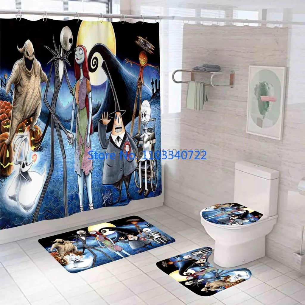 Nightmares Before Christmas Shower Curtain Set 4pcs with Hooks Cartoon Decor Waterproof Bathroom Toilet Mat Lid