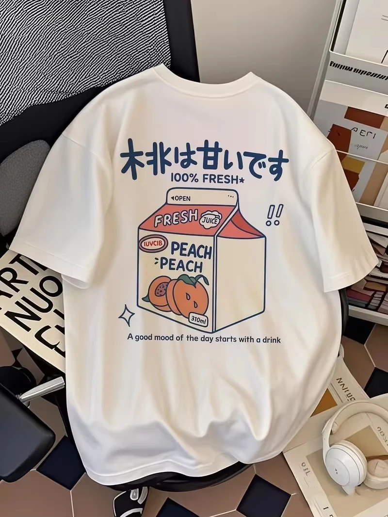 Kawaii Peach Juice Box T Shirt Unisex Men Women Cotton Graphic Printed Short Sleeve Round Neck Y2k Tee Summer 2026 Hot Sale