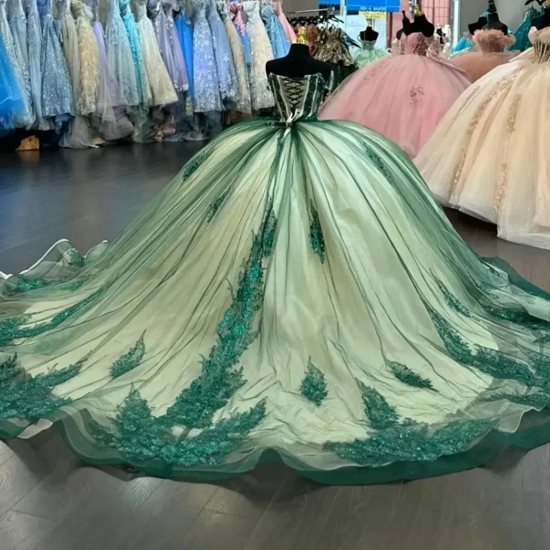 NA61 Роскошные зеленые платья Quinceanera по индивидуальному заказу, бальное платье с кружевной аппликацией, длиной до пола, платье для выпускного вечера, дня рождения для девочек 15–16 лет