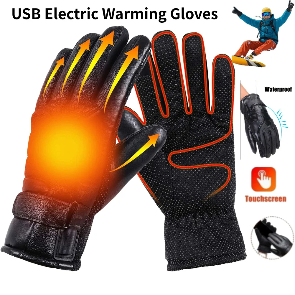 

USB Winter Electric Warming Gloves Waterproof Leather Heating Gloves Soft Winter Outdoor Warm Gloves for Fishing Motorcycle Ridi