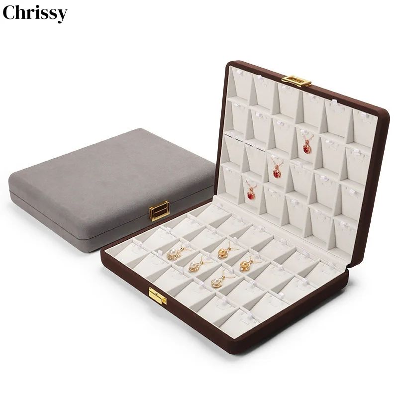 Large Capacity Jewelry Box, Metal Clasp Velvet Case for Ring Pendant, Engagement Wedding Gift Packaging, Square Counter Display