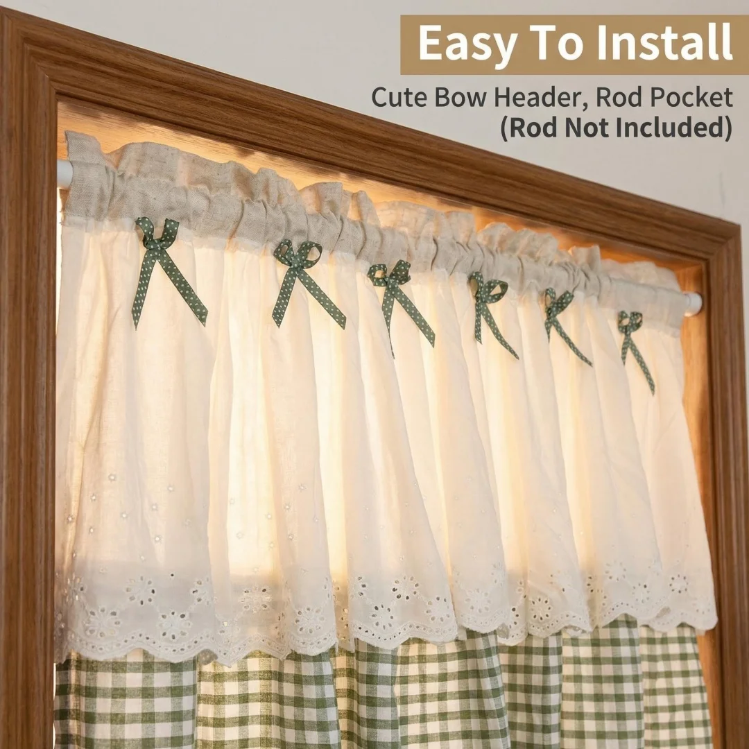 American Japanese short curtain short curtain small fresh green plaid cotton and linen door curtain rod shading kitchen curtain