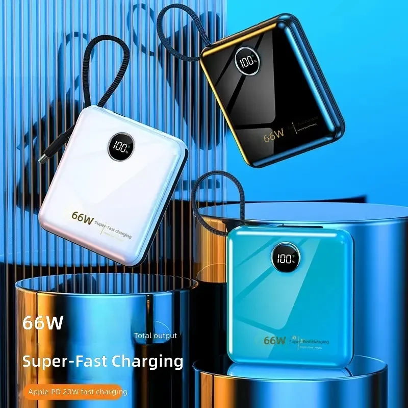 66W Super Fast Charging Power Bank 20000mAh Large Capacity Mini Compact Portable Mobile Power Supply with Built in Cable