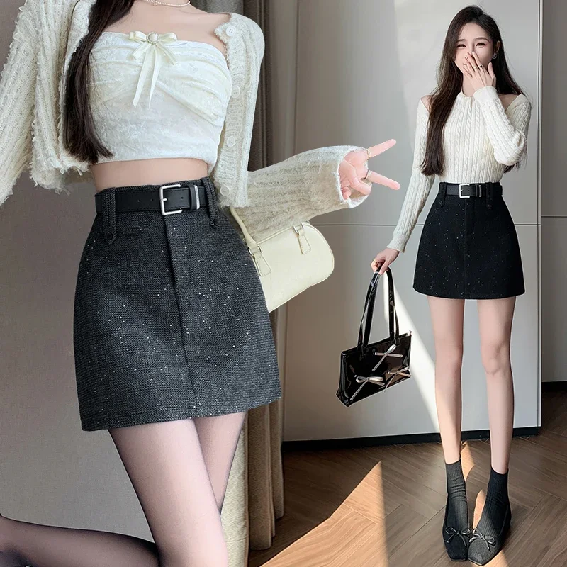 Autumn and winter Korean fashion coarse woolen short skirt with sequins, anti glare high waist A-line hip hugging skirt