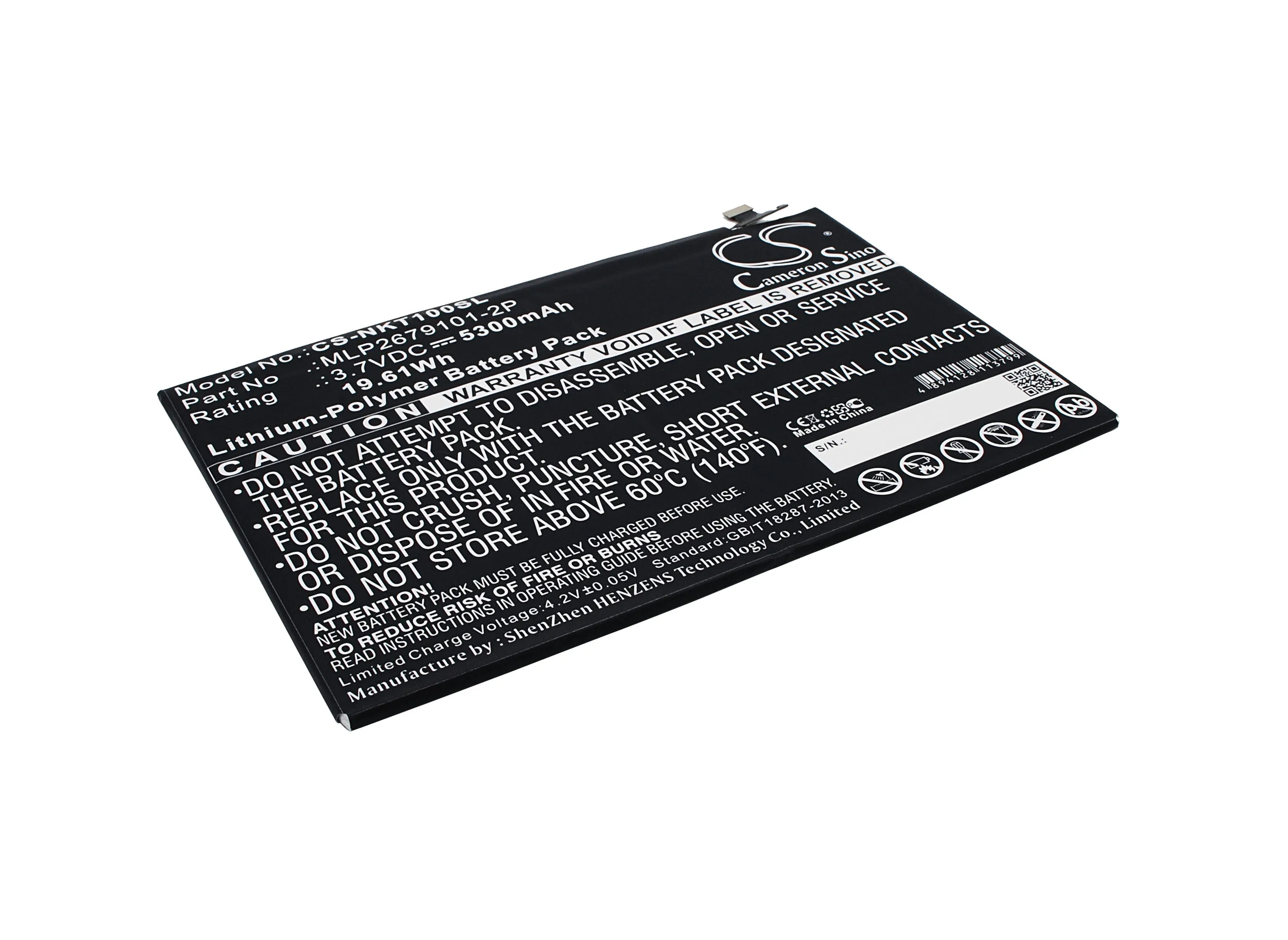 CS Nokia Battery for N1 N1s Fits MLP2679101-2P Li-Polymer 5300mAh/19.61Wh 3.70V CS-NKT100SL