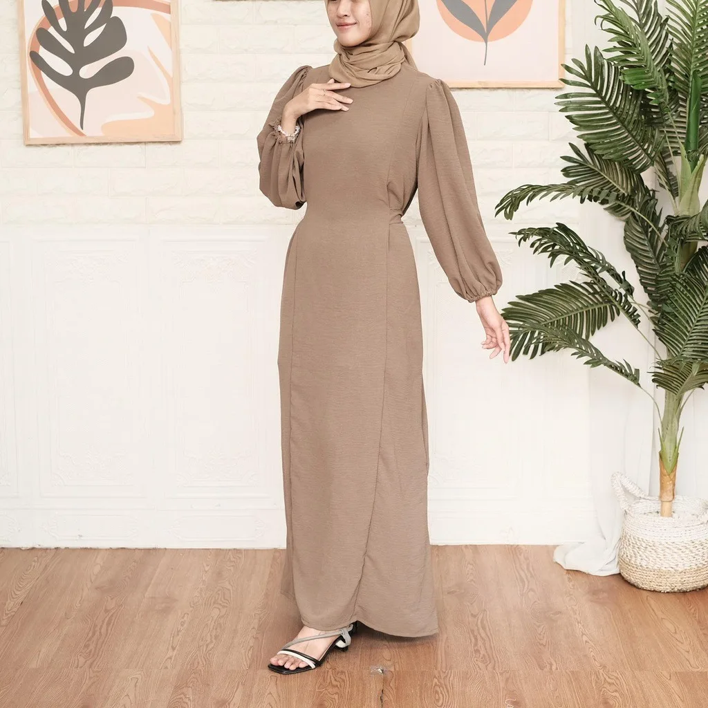 

Весенне-летнее мусульманское новое модное женское однотонное повседневное модное свободное элегантное платье Абая с пышными рукавами и поясом