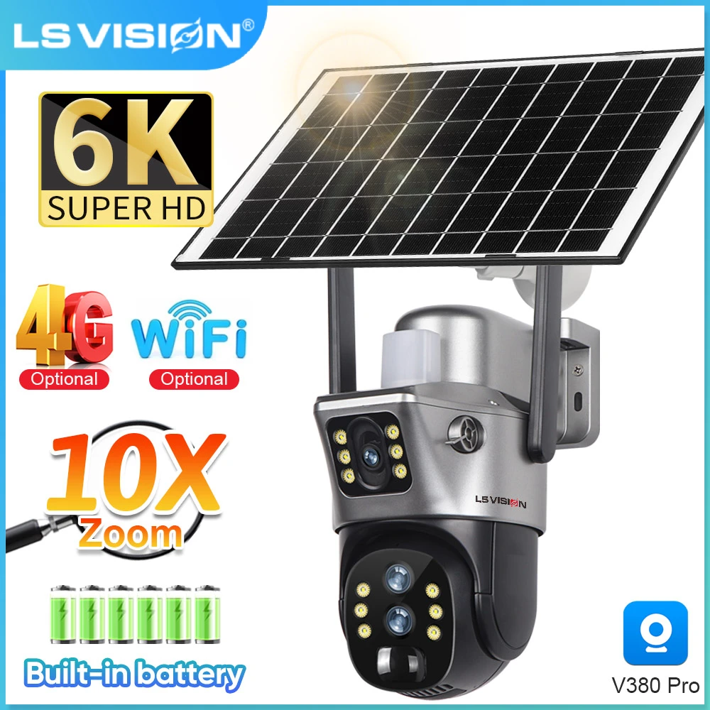 LS VISION 6K 4G Wifi Solar Camera 10x Zoom Three Lens PTZ Outdoor Surveillance CCTV IP Camara Ai Tracking Wifi Security Cam V380