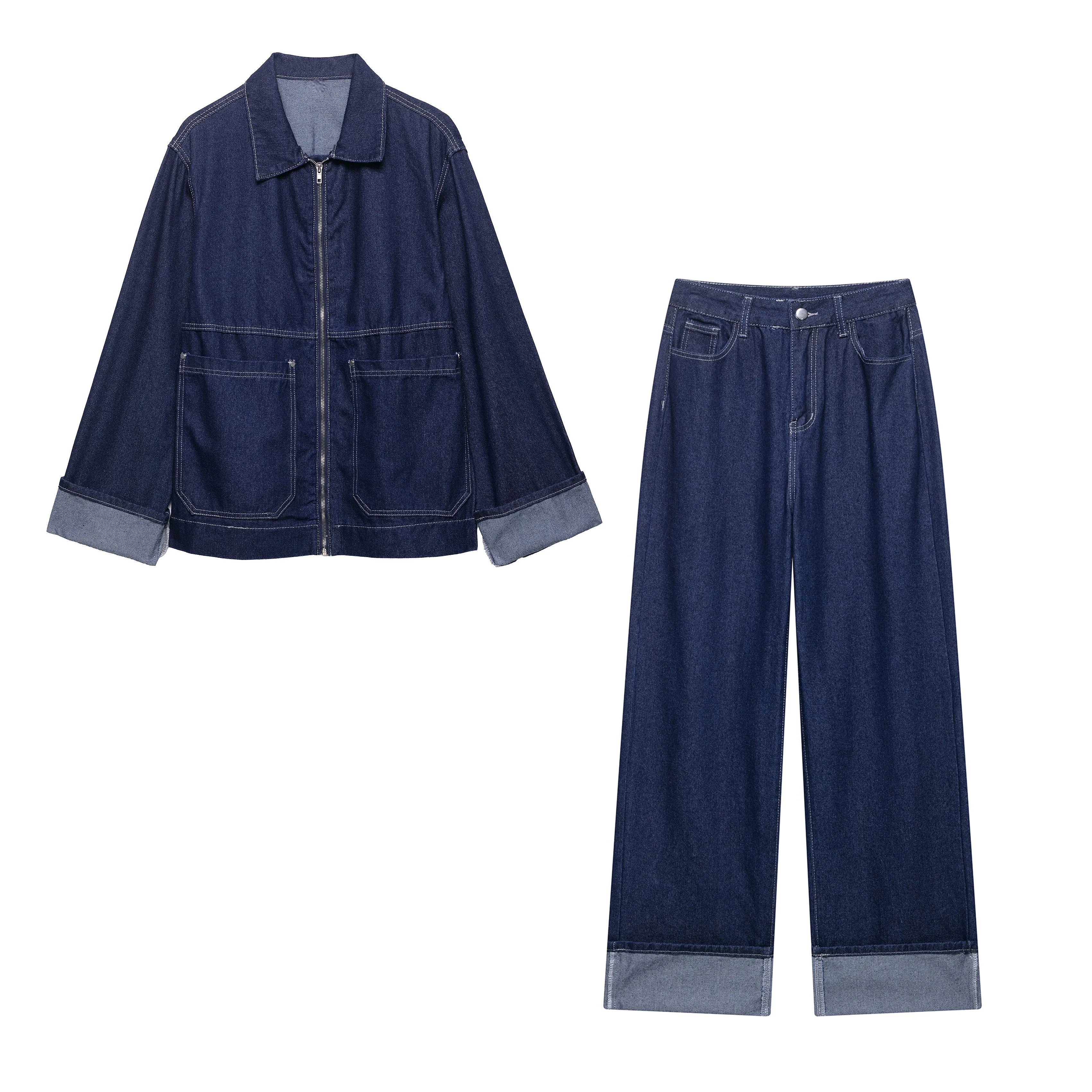 

MYST&ZA2025 new summer women's casual simple loose pocket lapel long sleeve denim jacket with straight trousers