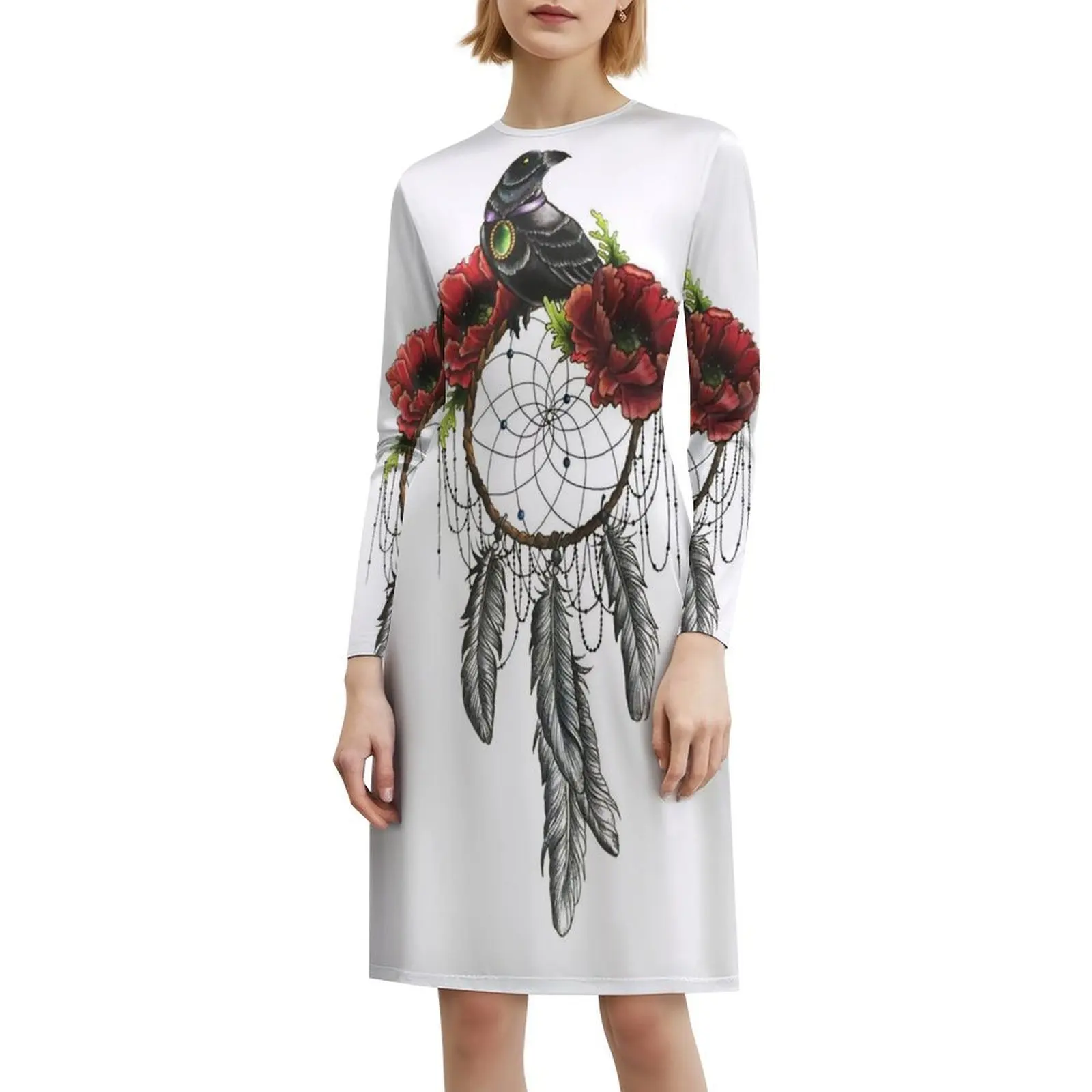 جثم الغراب على زاك زاك زهرة الطيور الكورية نمط فستان كاجوال للنساء فساتين مكتب سيدة يومية بسيطة