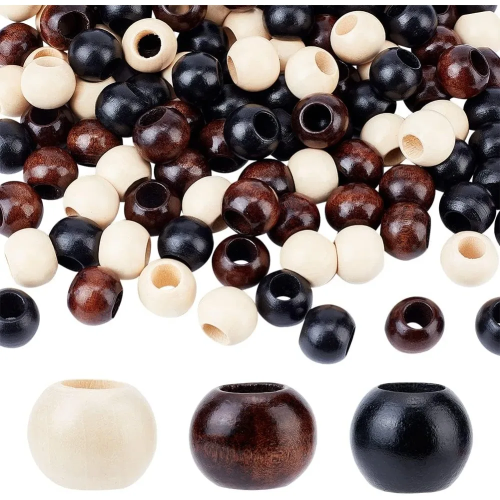 120Pcs Wooden Macrame Beads Large Hole Wood Beads Black 3 Colors 9mm Bead Round Wooden