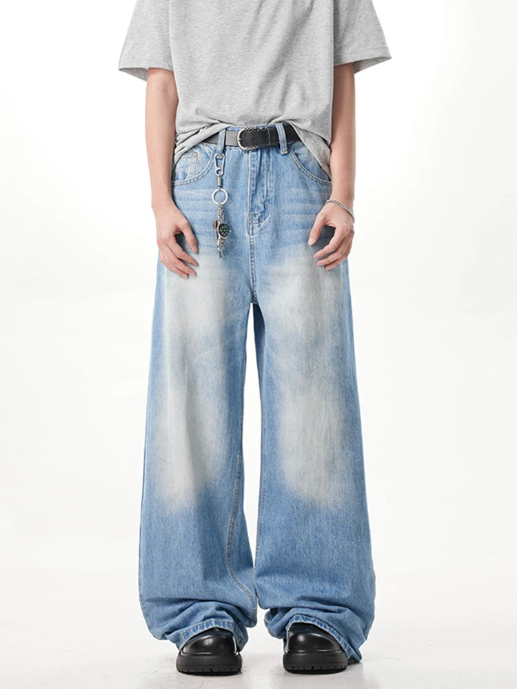 Celana Jeans Retro Adient Knife Pria Model Amerika High Street Waed Wide Leg Panjang Trendy Remaja Straight Loose Fit