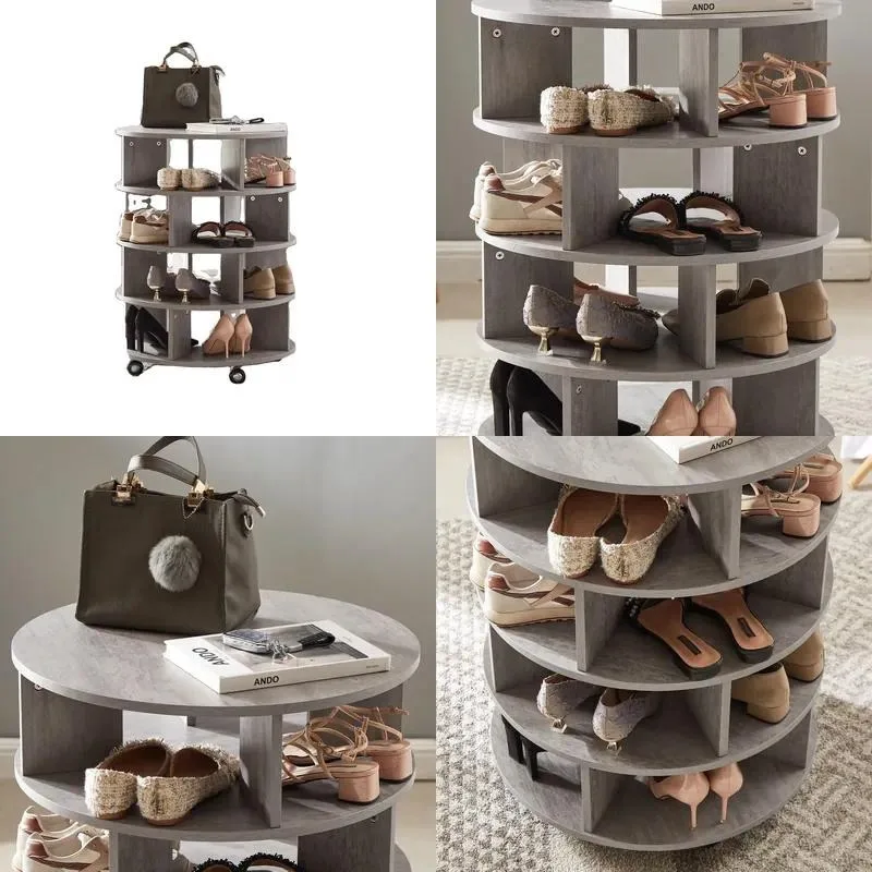 Modern Gray 4 Layer Rotating Shoe Rack Round Wooden Cabinet for 16 to 20 Pairs