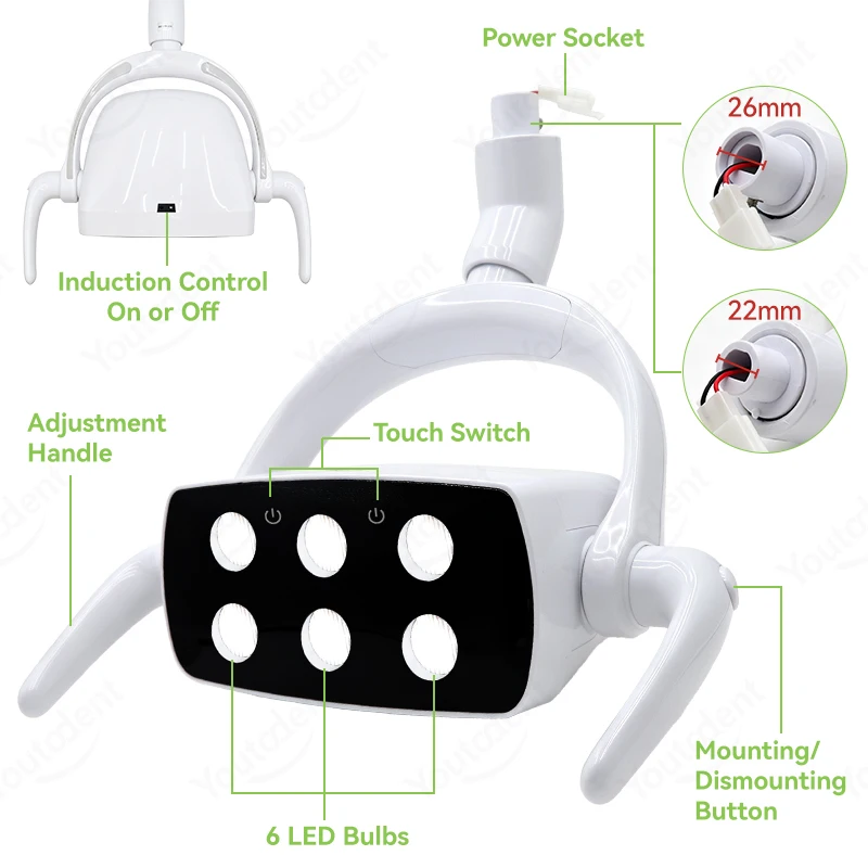 6 LED Dental Oral Light Infrared Induction Dental Chair Operation Lamp 22mm/26mm Interface Shadowless Dentistry Exam Lamp