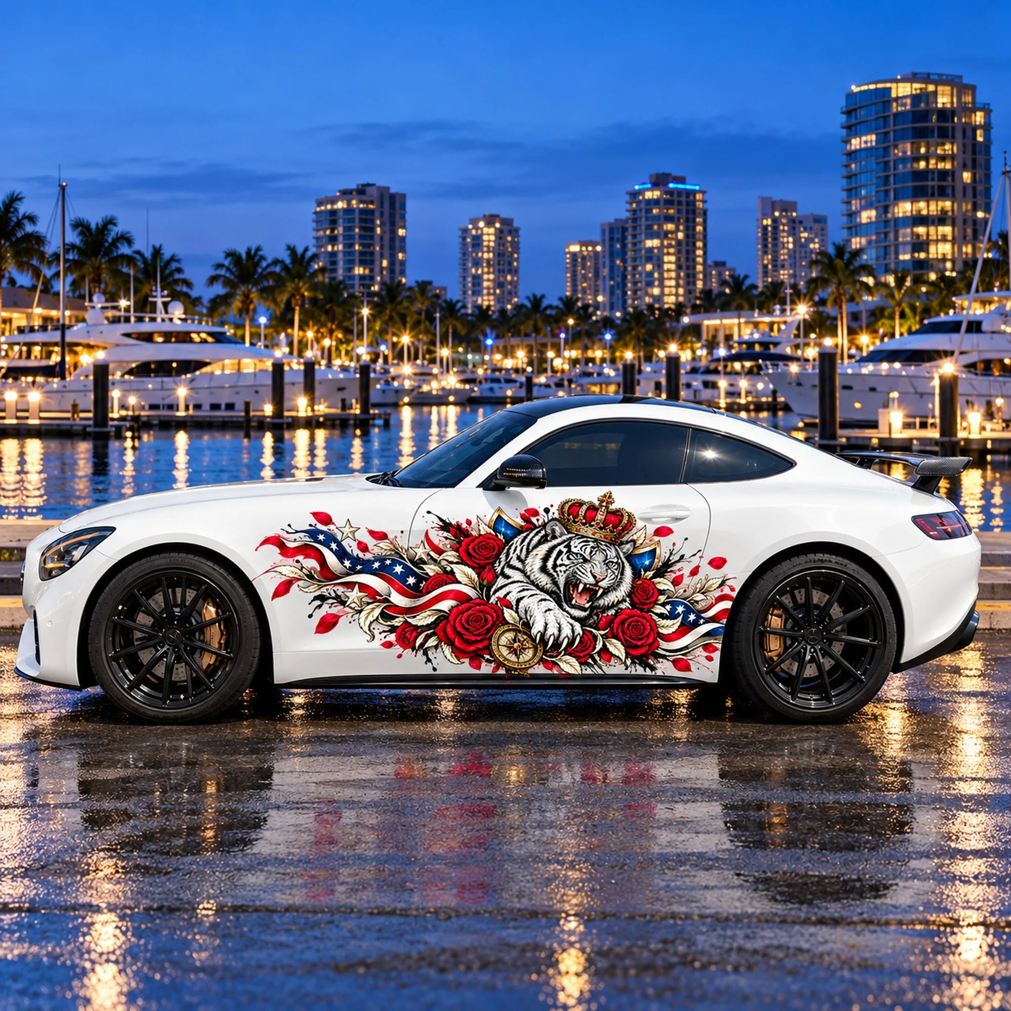 2 PCS Liberty Crowned Tiger Rose Flag Car Side Decals, Die-Cut Vinyl Sticker Set