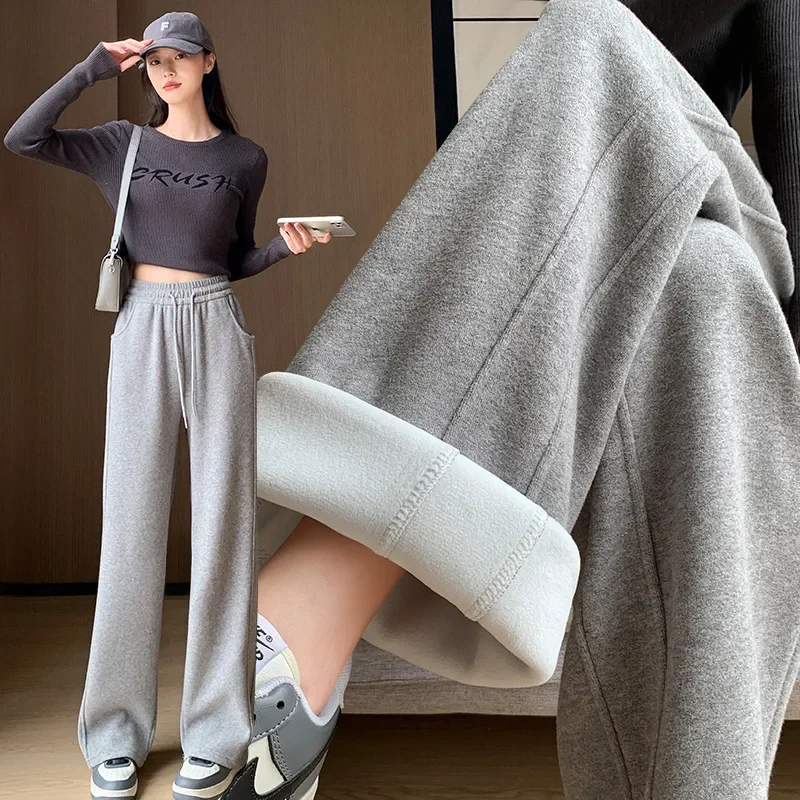 Thickened Fleece-lined Casual Straight-leg Pants 2024 Autumn/winter Warm High-waisted Design Sensibility Bell Bottoms For Women