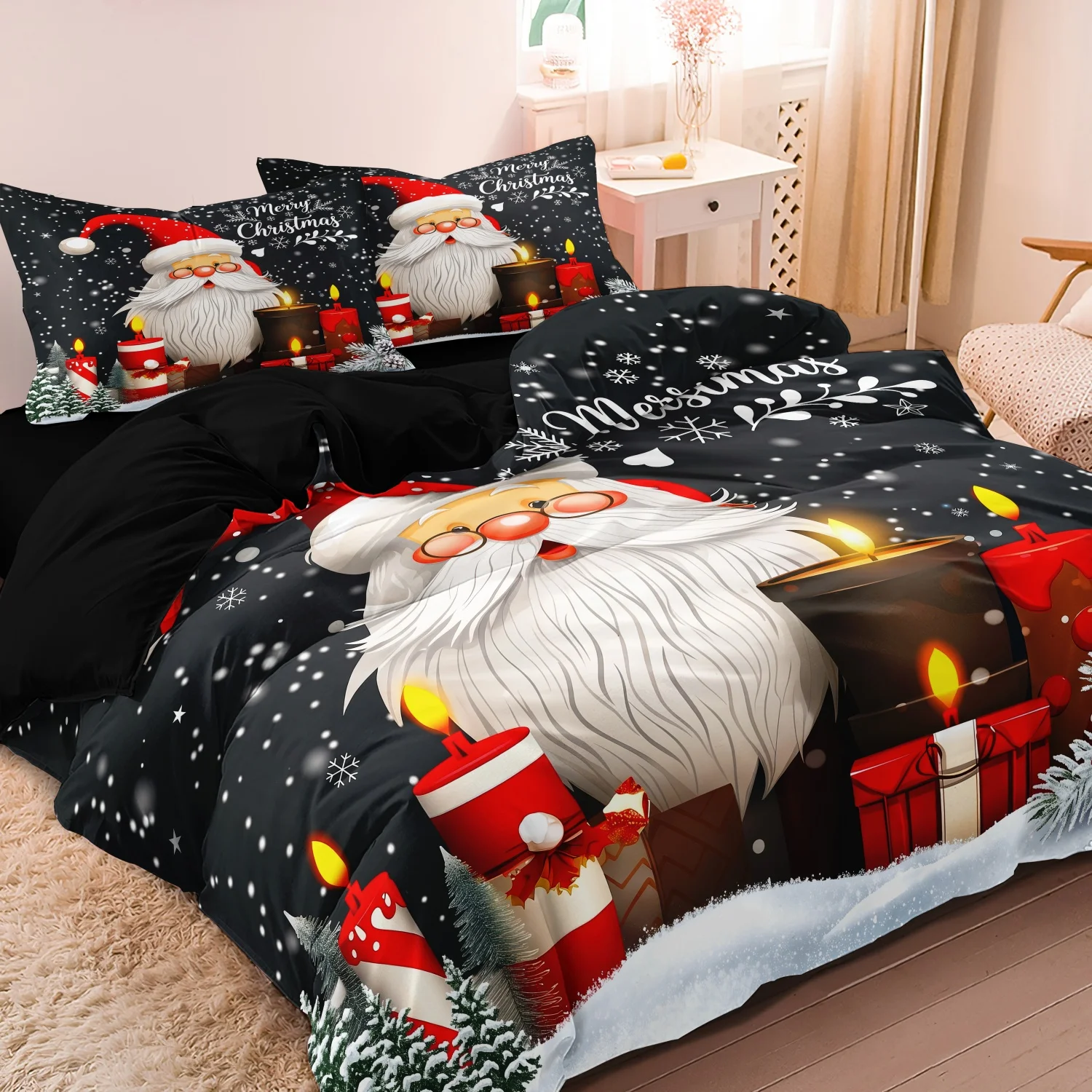 3Pcs Santa Christmas Duvet Cover Set, Santa Candle Gift and Snowflake Pattern Bedding, Warm Christmas Bedroom Decoration