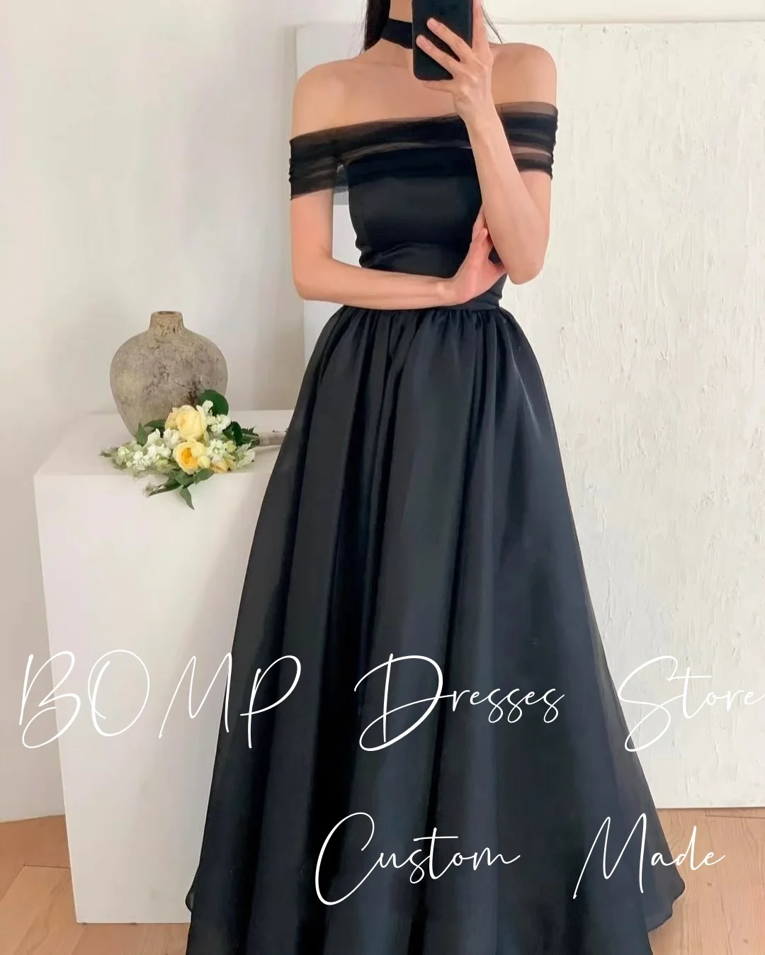 BOMP – robe de soirée de mariage noire élégante, sans bretelles, écharpe amovible, ligne a, taffetas de soie, séance Photo coréenne, robe de mariée personnalisée