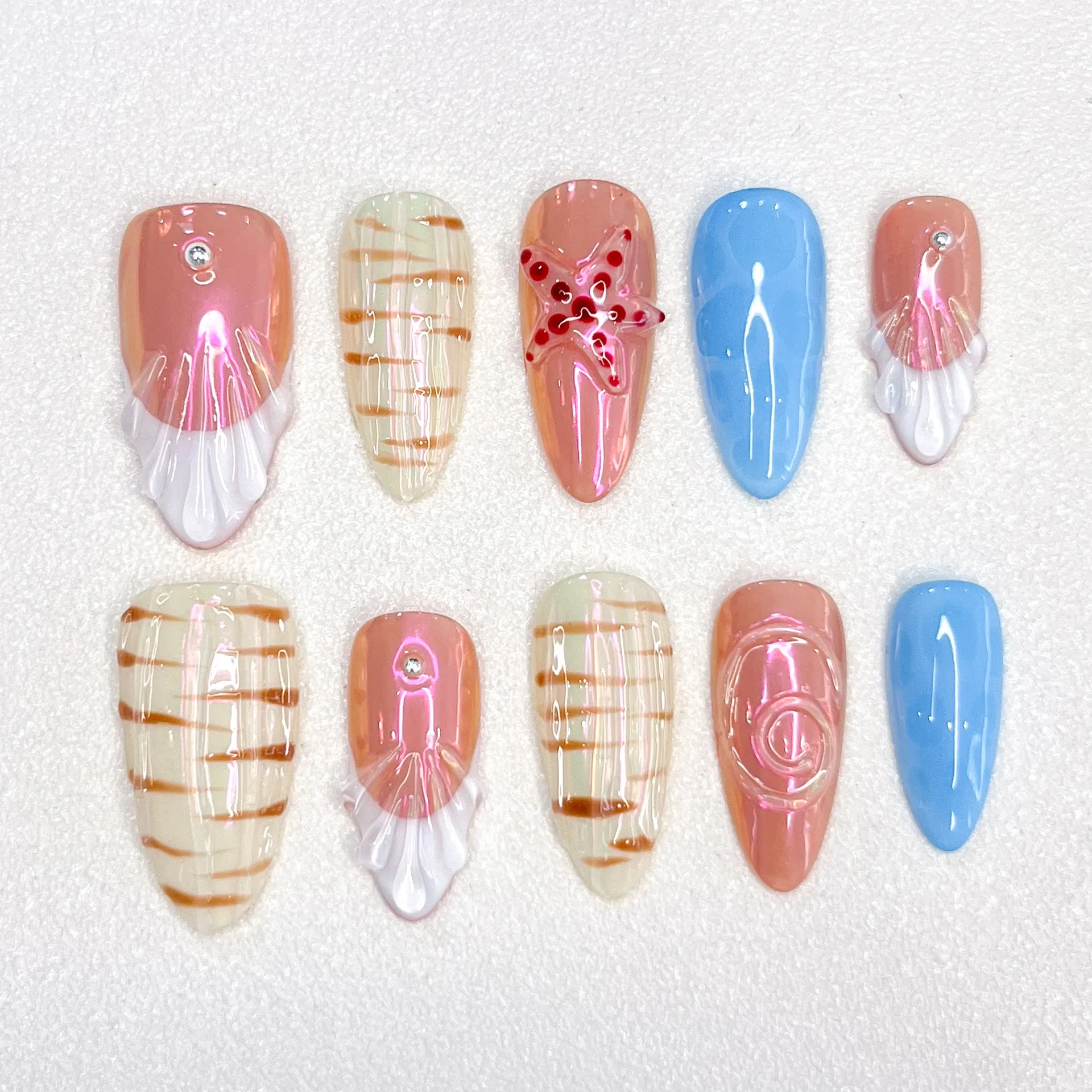 New Shell Shape Manicure Handmade Fake Nail Press on Nails Mandarin Duck Style Striped Style Female Wear Nail Ornament