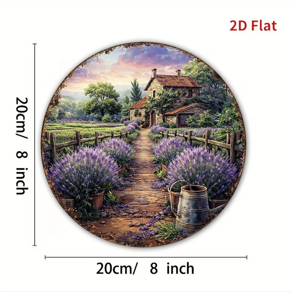 2D Flat, 2D Flat - 1pc 8*8in/20X20cm 2D Flat Round Sign, Vintage Decorative Plaque About Country Cottages And Lavender Fields, C