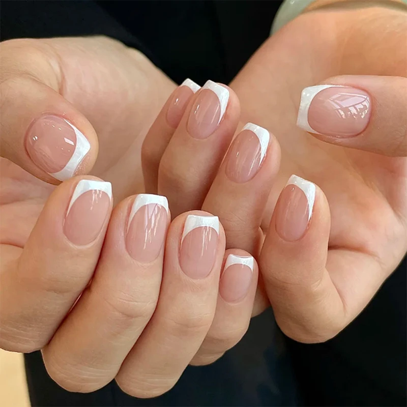 24 قطعة الفرنسية بسيطة الصحافة على الأظافر اللوز مربع الأظافر كاذبة غطاء كامل انفصال مسمار نصائح مع هلام الغراء فنجر الديكور #2