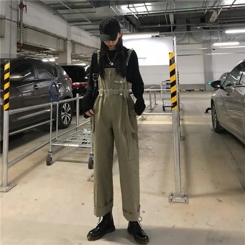 

Korean Style Vintage Overall Suspender Pants For Girl's Students Loose Slimming Design Spring Autumn New Wide Leg Overalls