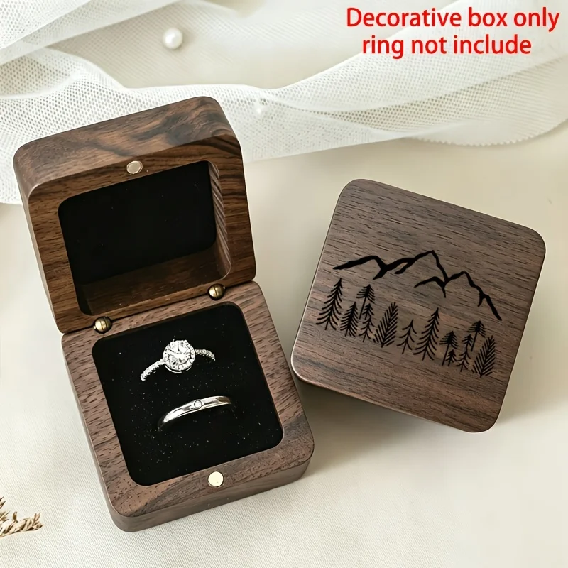 2D Wooden Ring Box Mountain Pine Tree Pattern Airtight Vault Keepsake Jewelry Engagement Wedding Couple Storage Romantic Gift