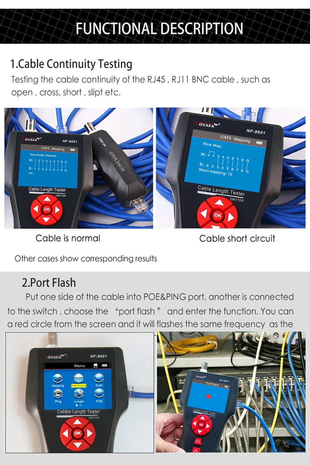 NOYAFA Netzwerkkabeltester NF-8601 Ethernet-Kabeltracker mit PoE/PING-Funktion, Messung der Länge, Wiremap-Tester, Netzwerkwerkzeuge – Detail 6