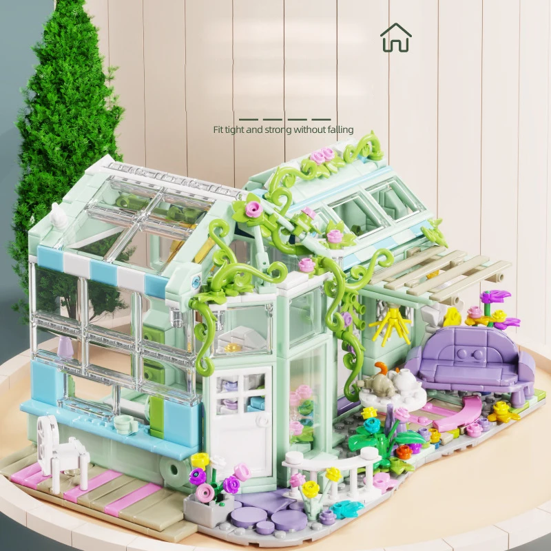 Kreative Stadt Straßen ansicht Architektur Blumen haus Baustein Straßenbild Modell Ziegel montieren Spielzeug mit Licht für Kinder Geschenk