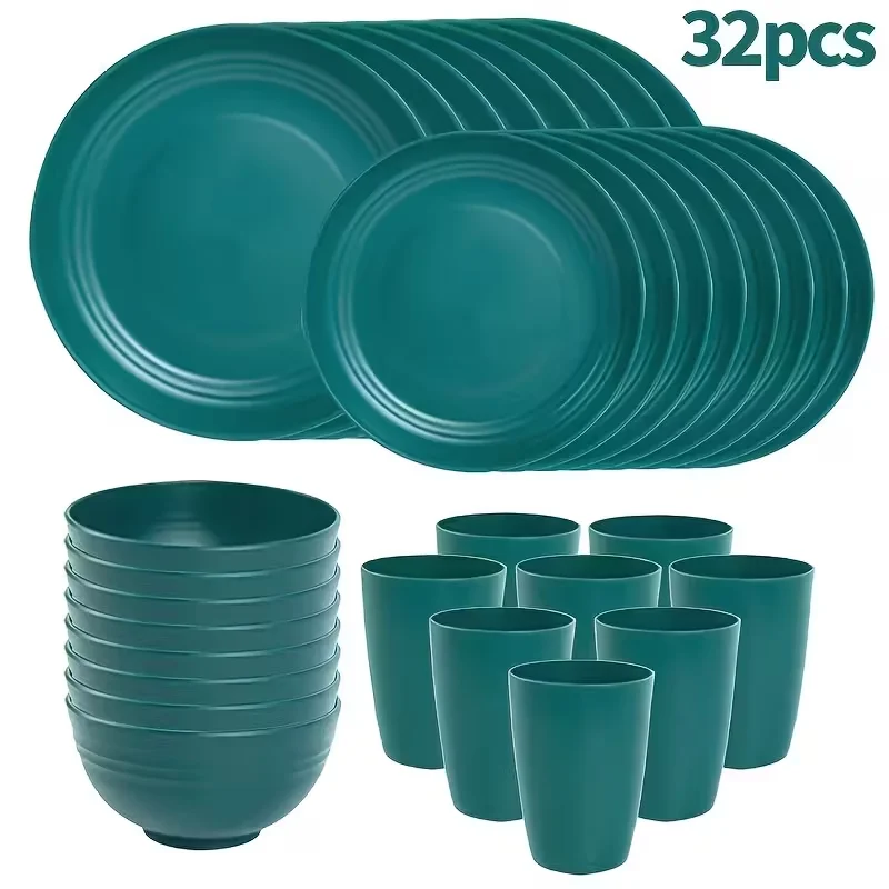 

32-Piece - Dark Green Reusable PP Cutlery Set - Suitable for Home, Kitchen, and Dining Room, includes bowls, trays, and cups.