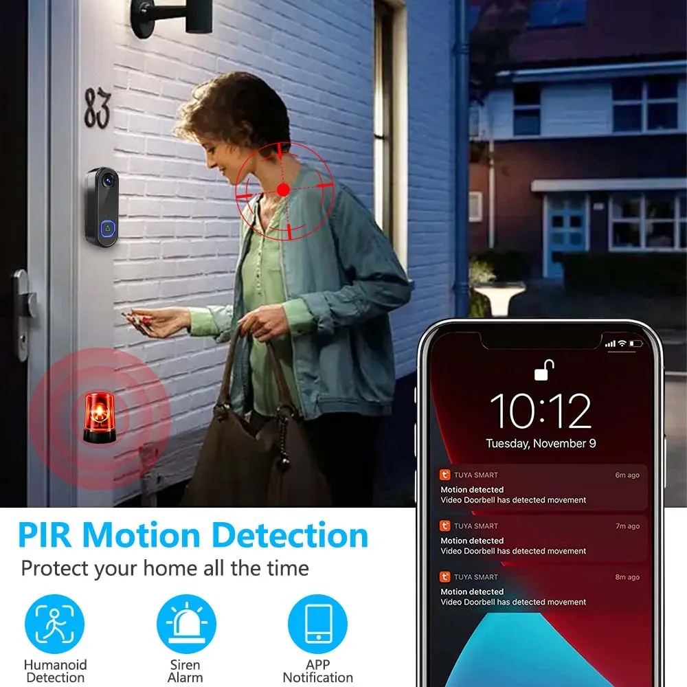 TUYAビデオドアベルWIFI 1080P HD屋外電話ドアベルカメラセキュリティビデオインターカムIRナイトビジョンAC USB電源スマートホーム