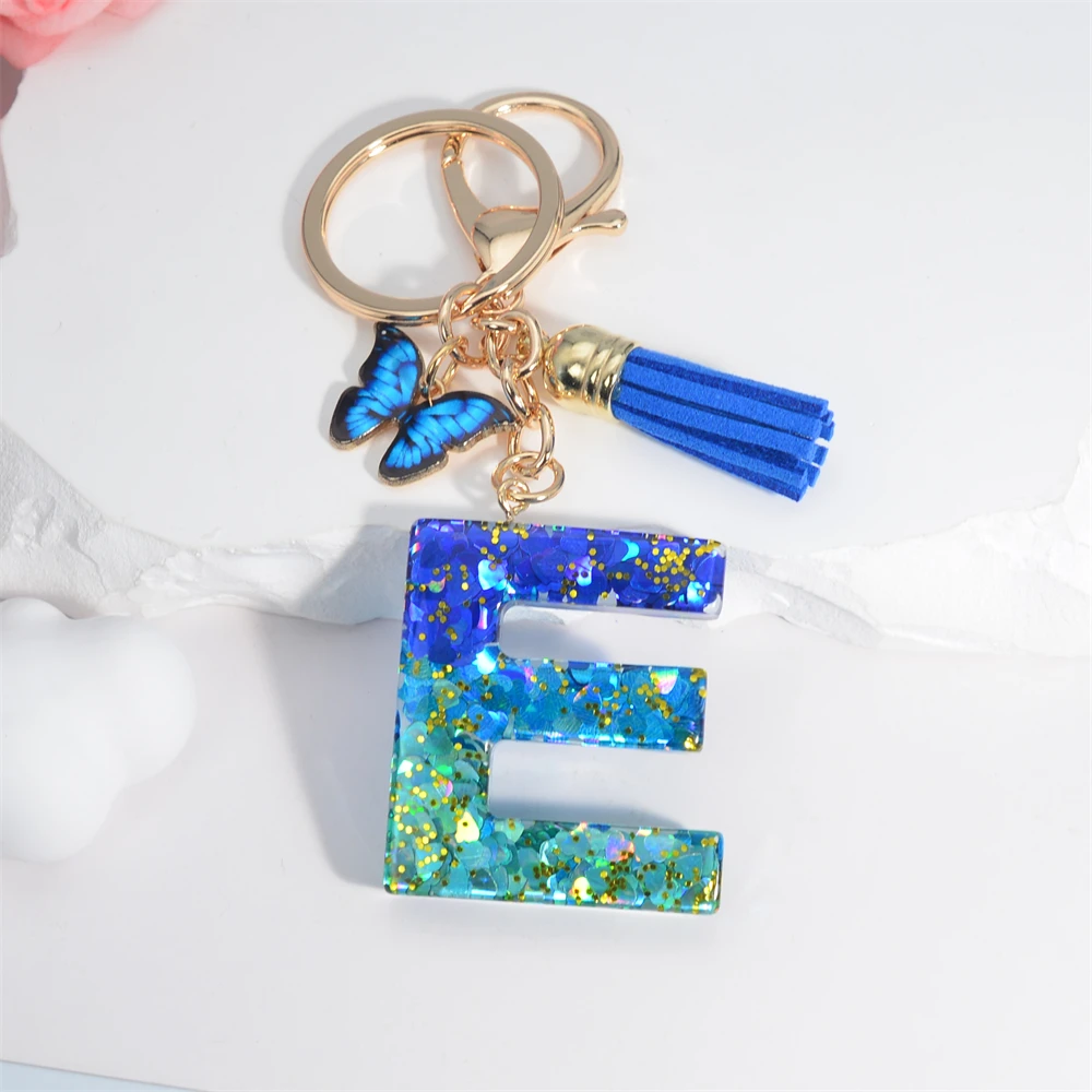 26 English Alphabet Letter Tassels Keychain Crystal Acrylic Butterfly Pendent Key Chain Women Gift Fashion Jewelry Accessories