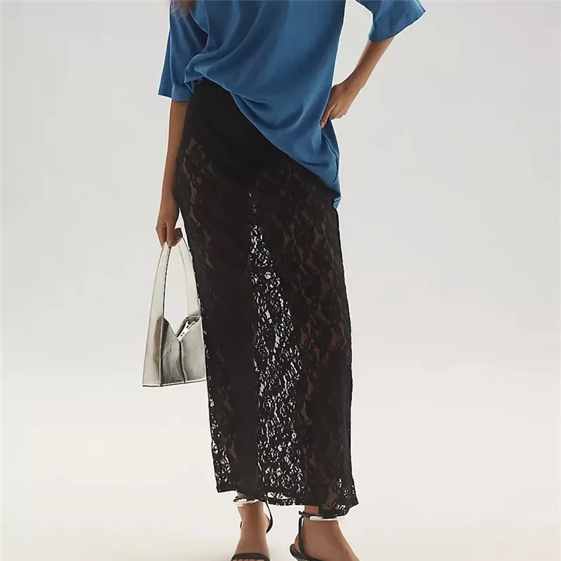 

2025 Women Flower Sheer Lace Skirt Elastic Waist See Through Beach Cover Up Long Skirt Summer Holiday Party Streetwear