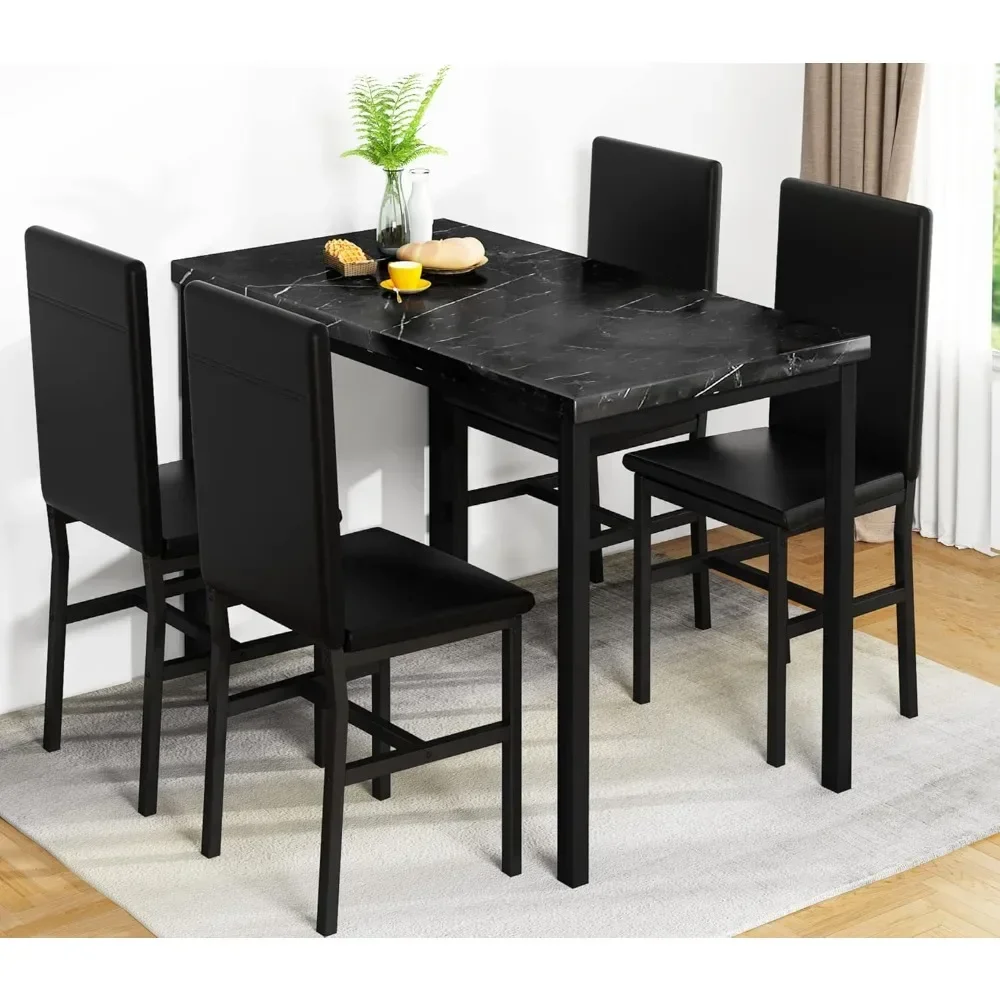 Black Kitchen Table and Chairs for 4, Compact Furniture 5-piece Dining Room Table Set Faux Marble Table