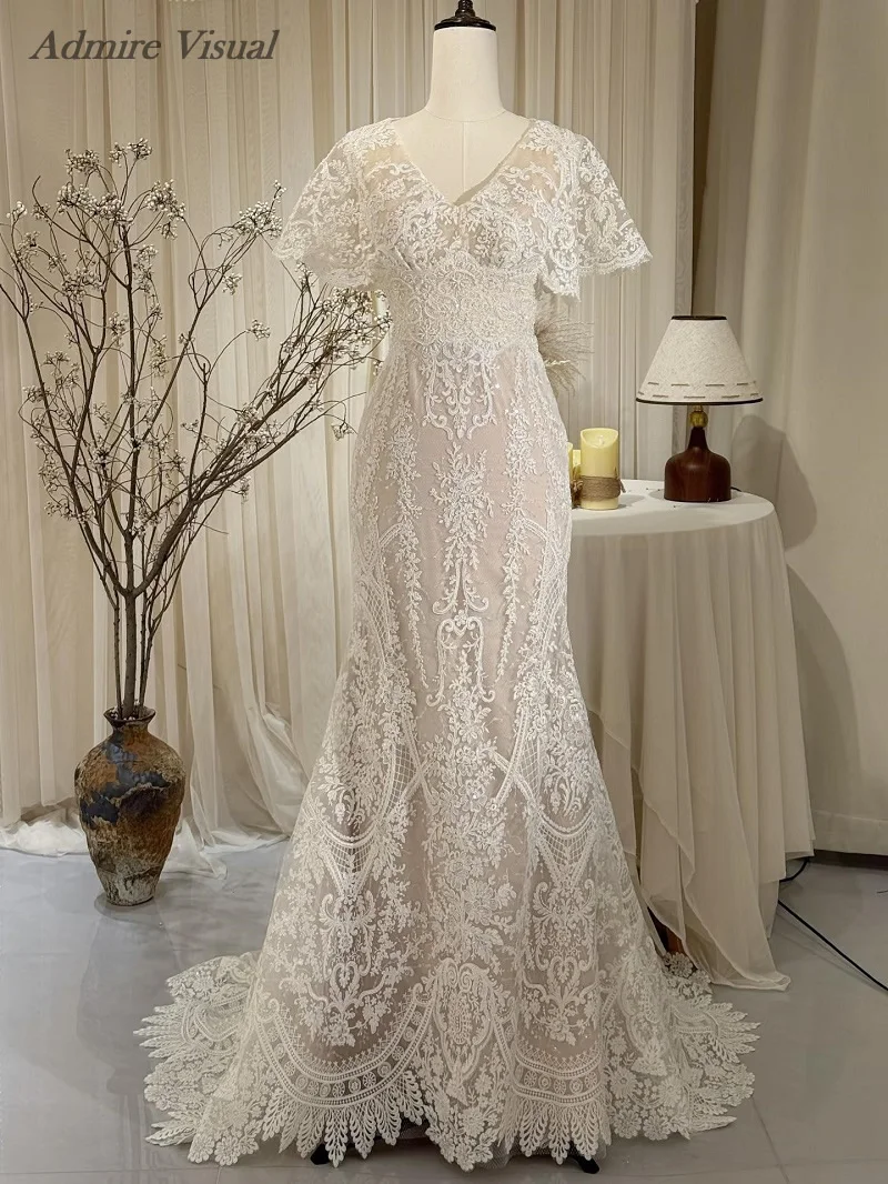 Admire Visual Wedding Dress Mermaid Lace V-Neck Neckline Short Sleeves With Detachable Belt Customized Bride Gowns