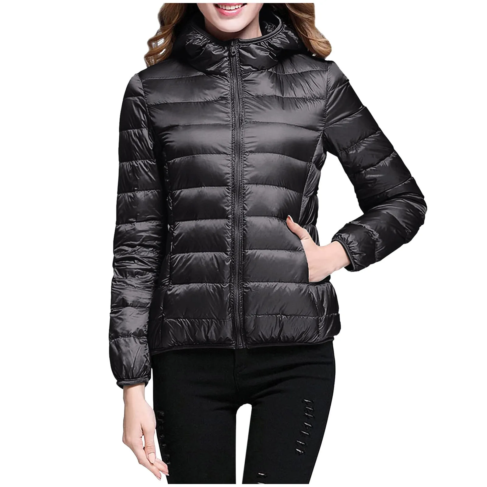 Female Slim Portable Windproof Hooded Winter Jacket Casual Basics Thermal Winter Jacket Solid Color Ultra Light Down Jacket