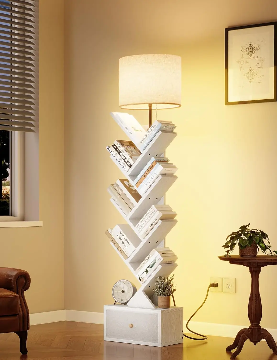 9-Tier Tree Bookshelf with Light & Drawer, Space-Saving Storage for Books/CDs, White