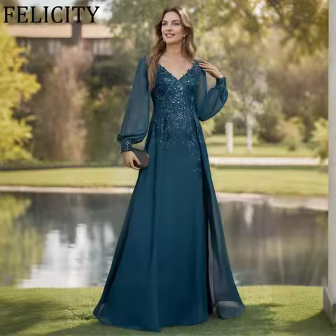 FELICITY Customized Mother of the Bride Dress 2025 A-line V-Neck Appliques Sequins Long Wedding Guest Party Dress Evening Gowns